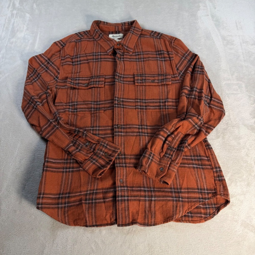 Madewell Flannel Shirt Easy Fit Mens Medium Rust Orange Cotton Plaid Button Down
